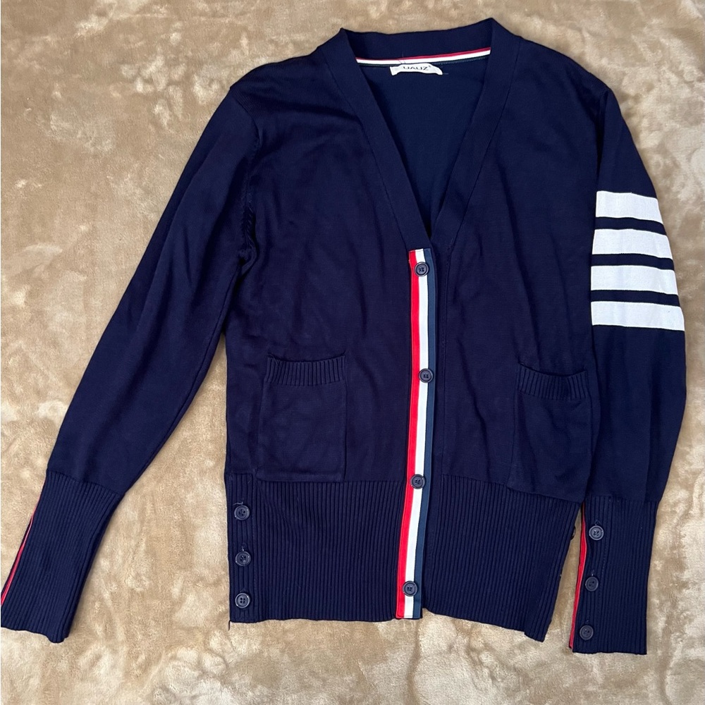 Navy Cardigan with White and Red Accents